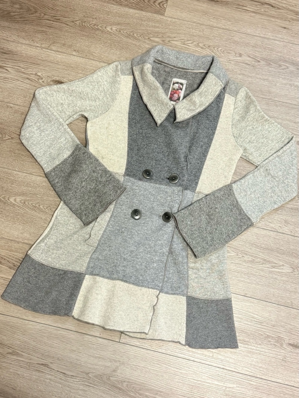 Anthropologies Burning Torch Gray Patchwork Double-Breasted Cashmere Coatigan S
